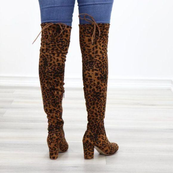 Suede Leopard Thigh High Heeled Boots - Picture 9 of 13